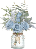 Faux Flowers with Vase,Artificial Silk Roses in Vase, Fake Plant Eucalyptus Flower Arrangement for Home Office Farmhouse Bathroom Dining Table Centerpiece Decorations Coffee Table Decor (Dusty Blue)