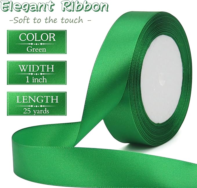 Green Solid Satin Ribbon 1 Inch 25 Yards Solid Polyester Fabric Ribbon for Gift Wrapping Wedding Christmas Baby Shower Birthday Party Decoration Handmade Immortal Flower Craft