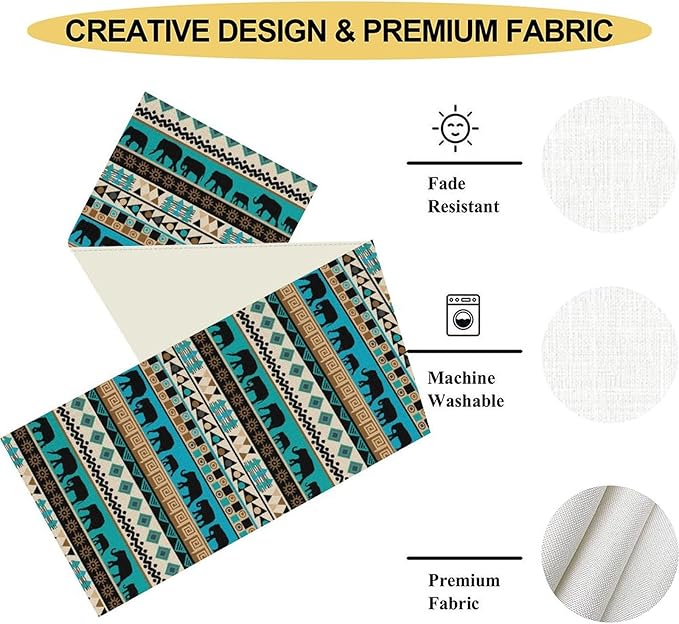 Boho Table Runner, Rustic Aztec Blue Teal African Elephant Tribal Ethnic Native Farmhouse Table Center Decor for Home Kitchen Dining Patio Holiday Party Indoor Outdoor Table Decorations, 13"x72" Inch