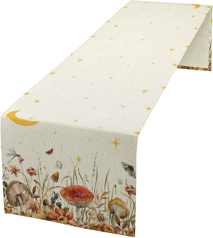 Mushroom Kitchen Table Runner, Gothic Moon Star Plants Witchy Moonlit Flower Butterfly Table Runner for Kitchen Dinner Living Room Drapes, 13x70 Inch White