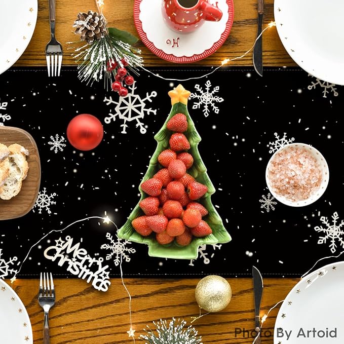 Artoid Mode Black Snowman Snowflake Let it Snow Winter Table Runner, Christmas Kitchen Dining Table Decoration for Home Party Decor 13x108 Inch