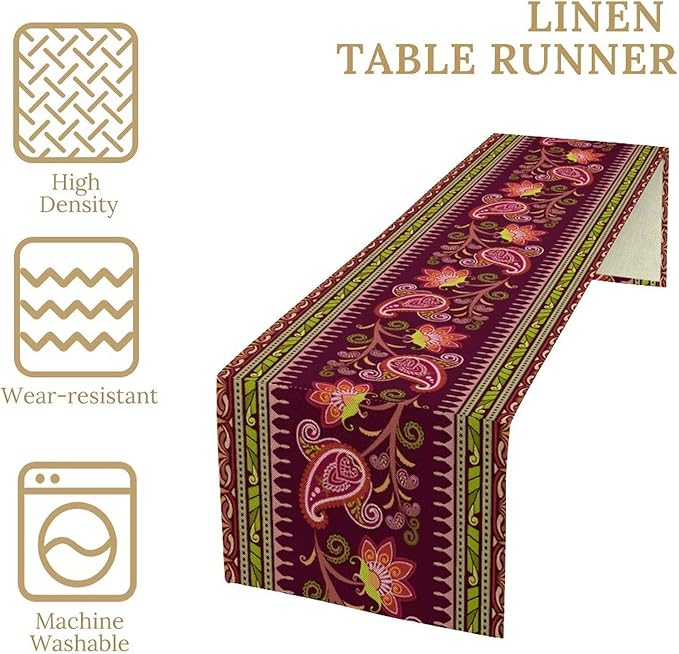 Dark Red Paisley Table Runner, Vintage Boho Paisley Flowers Geometric Print Table Cover for Farmhouse Wedding Party Home Kitchen Dining Table, 13x108inch