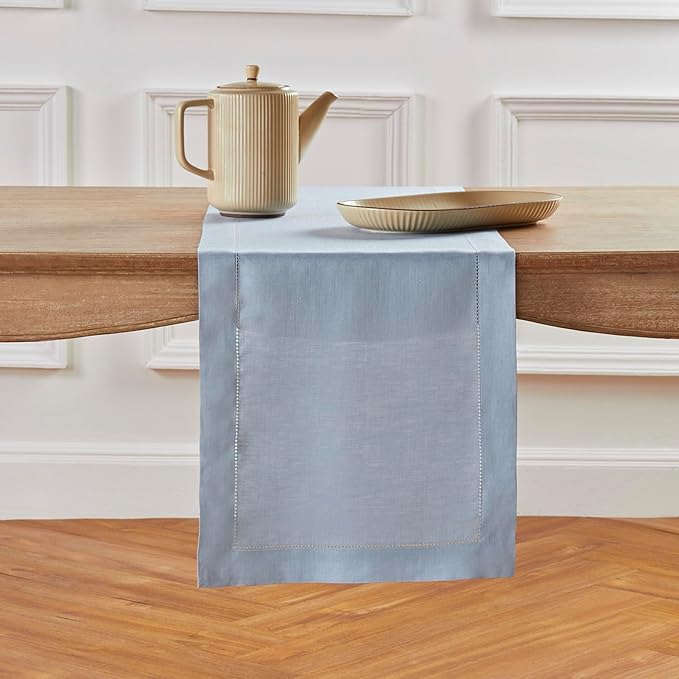 Solino Home Linen Dusty Blue Table Runner 36 Inches - Classic Hemstitch, 100% Pure Linen Coffee Table Runner 14 x 36 Inch Ideal for Dresser Tables - Fall, Autumn, Halloween, Thanksgiving