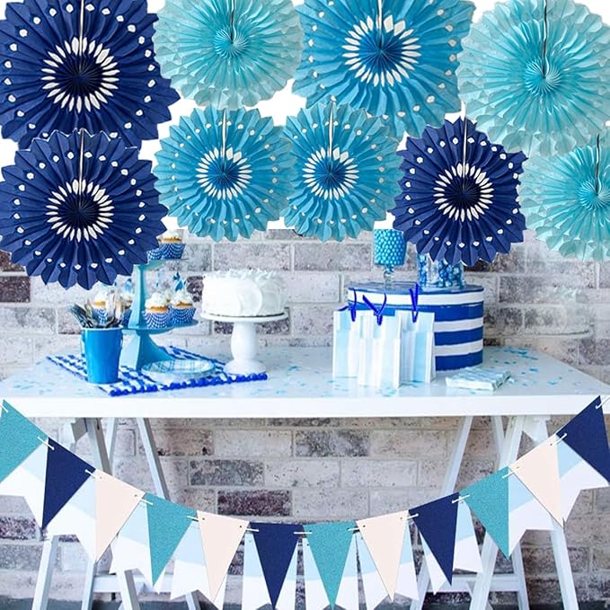 15pcs Blue Tissue Paper Fans Set - 10'' 12'' 14'' Round Honeycomb Fans for Party, Birthday, Wedding Events