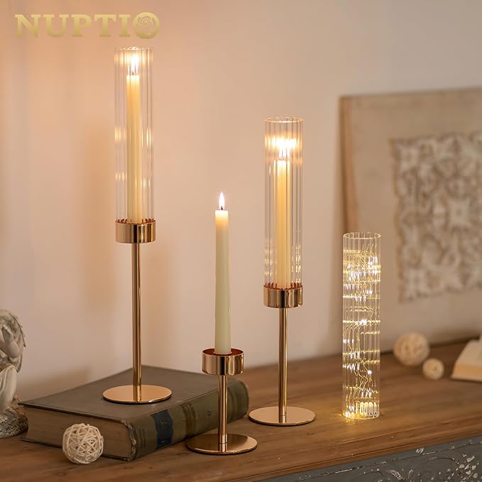 NUPTIO Hurricane Candle Holder for Centerpiece: Set of 6 Tall Candle Stick Holder with Ribbed Glass Cover - Bulk Fluted Taper Candlestick Decor for Living Room Thanksgiving Christmas