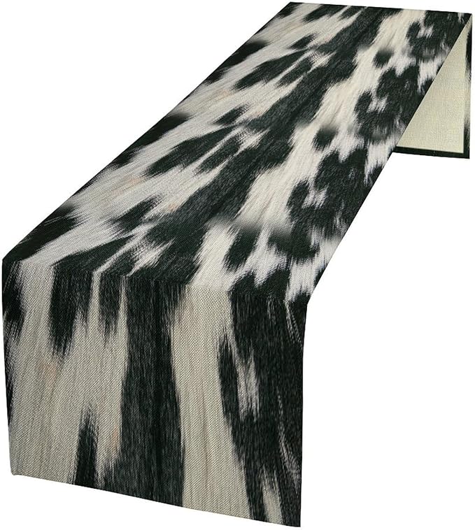 Rustic Cow Skin Print Table Runner, Country Farm Animal Fur Skin Pattern Western Style Brown Cowhide Print Cotton Linen Cottage Dinner Runner for Home Kitchen Dining, 13x70 Inch
