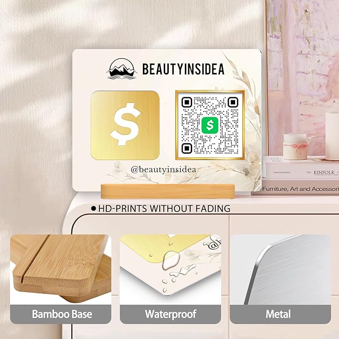 Personalized Custom Metal QR Code Sign Venmo Cashapp Scan to Pay with Stand Instagram Facebook Social Media QR Signs Bar Code QR Plaque Print for Business Salon Beauty Store Restaurant Wifi Sign (Horizontal 1)