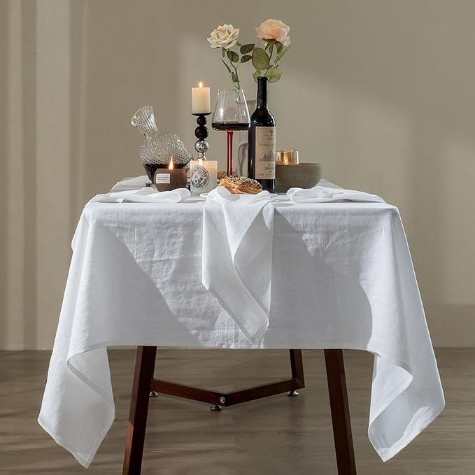 Talasily Linen Tablecloth 100% Pure Linen Table Cloth 60x108 Inches Rectangle Tablecloths Washable Cloths for Kitchen, Dining, Buffet Parties, Holidays, Picnic, Weddings and Restaurants-White