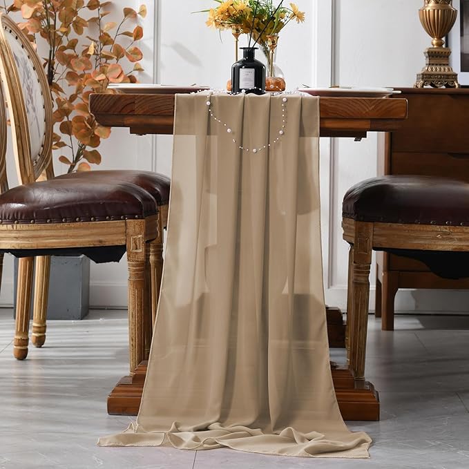 2 Pack 10 Ft Chiffon Table Runner Beige Gauze Long Table Runners 27x120 Inches Sheer Tulle Table Runner for Rustic Wedding Reception Bridal Shower Decorations Birthday Party