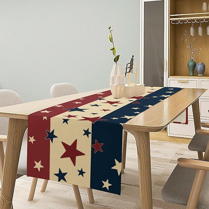 Memorial Day Table Runner, 4th of July American Patriotic Independence Day Stars Stripes Print Table Runne for Summer Holiday USA Home Decoration Party,13x108inch
