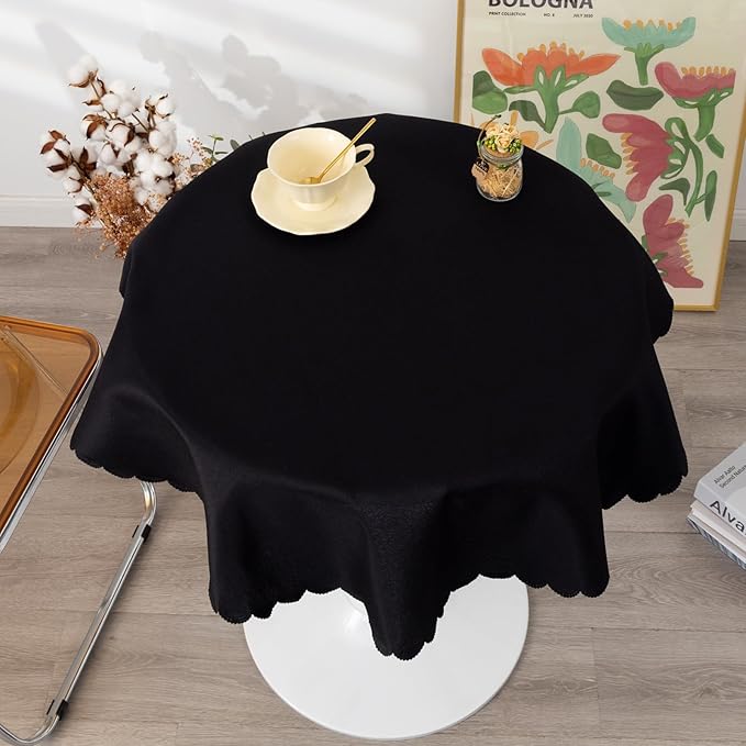 Round Black Tablecloth 48 Inch Polyester Fabric Washable Table Cloth Decorative Wrinkle Resistant Solid Color Table Cover for Kitchen Dinning Party Wedding Camping