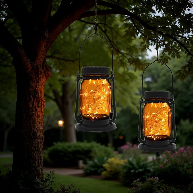 Mason Jar Lights - Solar Lantern Outdoor Waterproof, Hanging Solar Lights for Outside, Halloween, Fairy Twinkle Glass Decorative Lamp for Yard, Patio, Garden, Porch, Table, Wedding, Pack 2