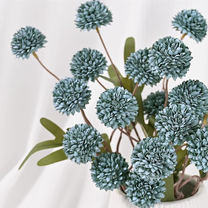 Waipfaru 10pcs Fake Silk Pompon Mum Artificial Flowers, Bulk Faux Mini Chrysanthemums with 2pcs Eucalyptus Stems, for Centerpieces Wedding Fillers Champagne Arrangements Shower Decorations, Blue