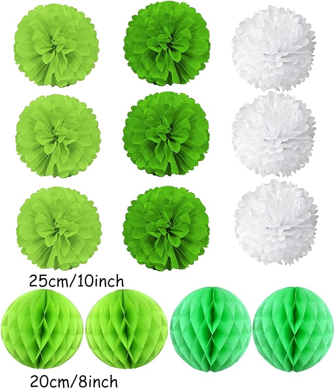 Hanging Paper Fan Set, Tissue Paper Pom Poms Flower Fan and Honeycomb Balls for Birthday Baby Shower Wedding Festival Decorations - Green