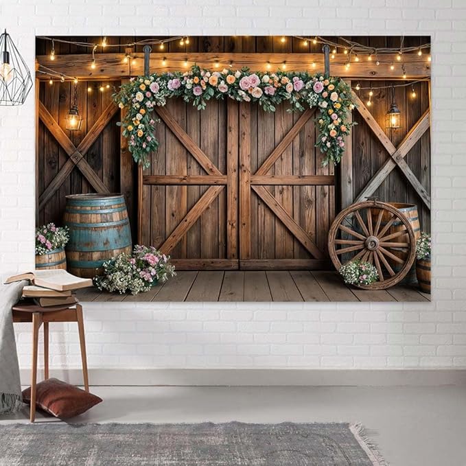 20x10ft Country Wedding Photography Backdrop Rustic Barn Door Photography Backdrop Farmhouse Pink Flower Cabin Wooden Birthday Baby Shower Wedding Bridal Party Banner Photo Booth Props Background
