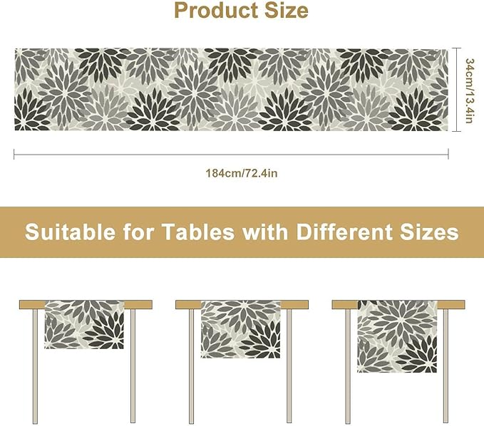 Gray Dahlia Flower Table Runner, Vintage Modern Linen Geometric Pattern Floral Table Runner Spring for Farmhouse Kitchen Dining Party Holiday Party, 13x60 Inch