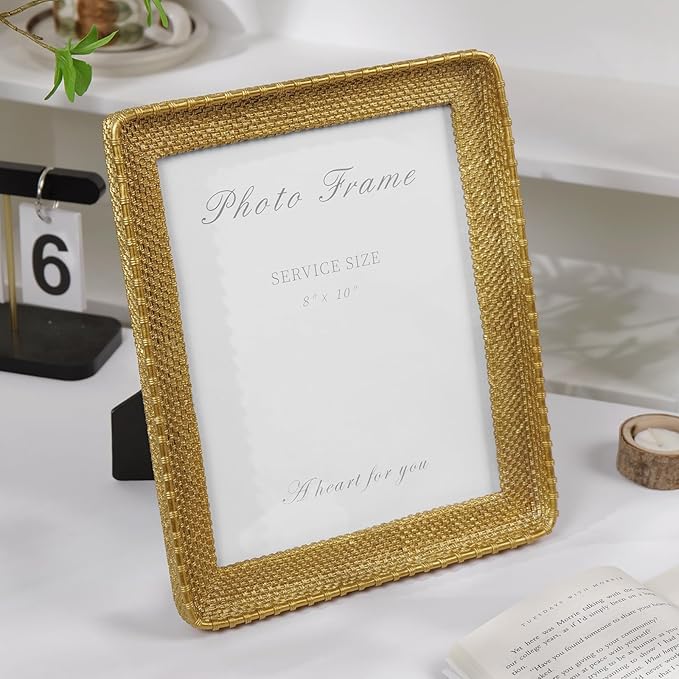 Cuspin 8x10 Picture Frame Gold, Vintage Gold Frames Rattan Textured Hand-Crafted Resin Photo Frame with Glass Front for Tabletop Display & Wall Display, Retro Design Home Decor
