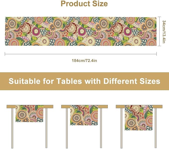 Boho Floral Table Runner,Retro Bohemian Flower Table Runner for Kitchen Dining Table Home Party Decoration 13x120 Inch