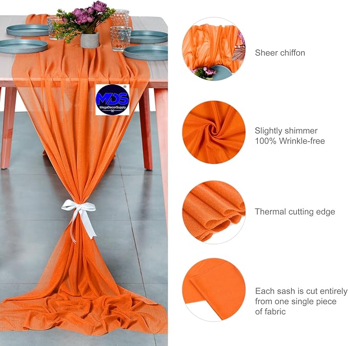 MDS 5 Pack 10ft Chiffon Table Runner 29 x 120 Inches Sheer Wedding Runner Romantic Rustic Table Runner for Wedding Decorations, Birthday Parties, Bridal Shower Party Arch Decor - Orange