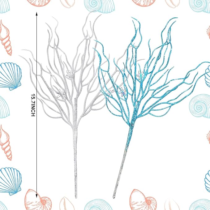 8 Pcs Blue White Coastal Ornaments for Christmas Tree 15.7inch Glitter Coral Beach Ocean Spray Pick Branch Christmas Tree Topper Decorations Filler Twigs for Xmas Vase Wreaths Gift