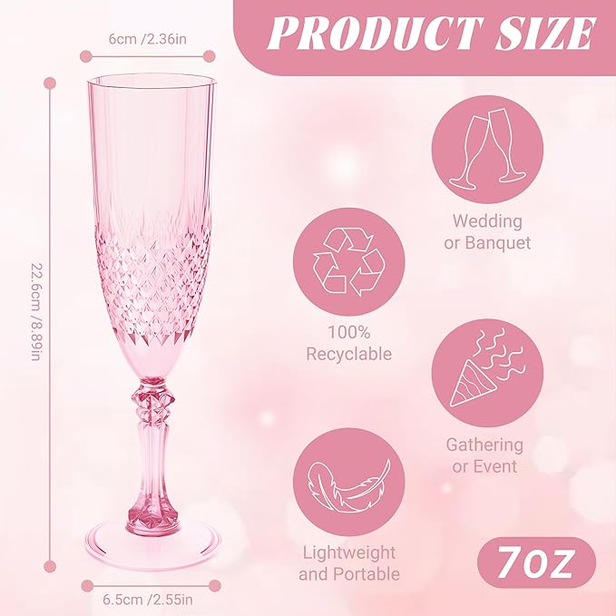 Plastic Champagne Flutes, 100PCS Pink Wine Glasses Goblets Cups Reusable Flute, for Weddings Bachelor Parties Toasting and Events(100, Pink)