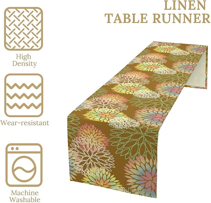Brown Grey Dahlia Flower Table Runner, Linen Geometric Pattern Floral Table Decor Spring Farmhouse Decorations for Kitchen Dining Holiday Party Decor, 13x108 Inch