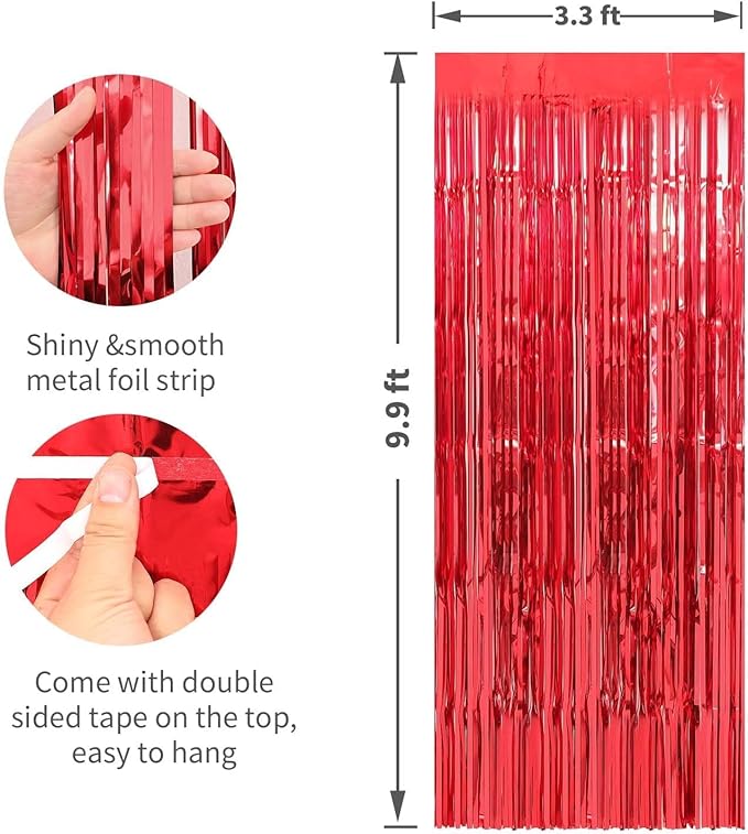 Crosize 8 Pack 3.3 x 9.9 ft Red Foil Fringe Curtains Party Decorations, Red Tinsel Curtain Backdrop for Parties, Door Streamers, Glitter Streamer Backdrop for Birthday Decoration
