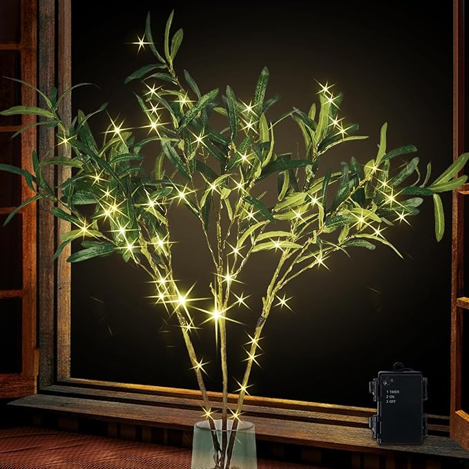 Bexdir Lighted Olive Branches with Timer, Lighted Branches 33IN 99 LED, Artificial Light, Olive Night Light, Artificial Plant for Home Spring Christmas Party Wedding Decor-Battery Operated