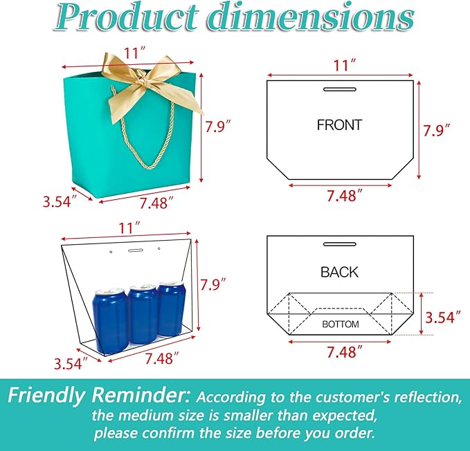 HUAPRINT Gift Bags with Handles,7.48×3.54×7.9 inches,Party Favor Bags with Bow Ribbon,12Pcs Teal Blue Paper Bags for Birthday Wedding Bridesmaid Holiday