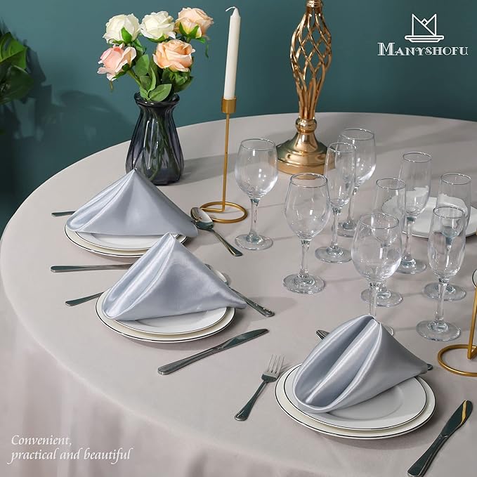 Manyshofu 50 Pieces Silver Satin Napkins - 12x12 Inches Cloth Napkins, Square Satin Fabric Napkin Set - Elegant & Smooth Table Napkins for Wedding Dinner Party Lunch Banquet Decoration
