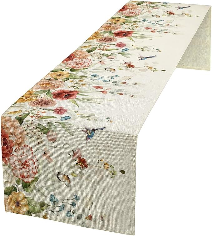 Rustic Floral Table Runner, Watercolor Flower Leaves Hummingbird Butterfly Farmhouse Kitchen Dinning Table Runner for Indoor Outdoor Home Wedding Party Holiday, 13x108 Inch