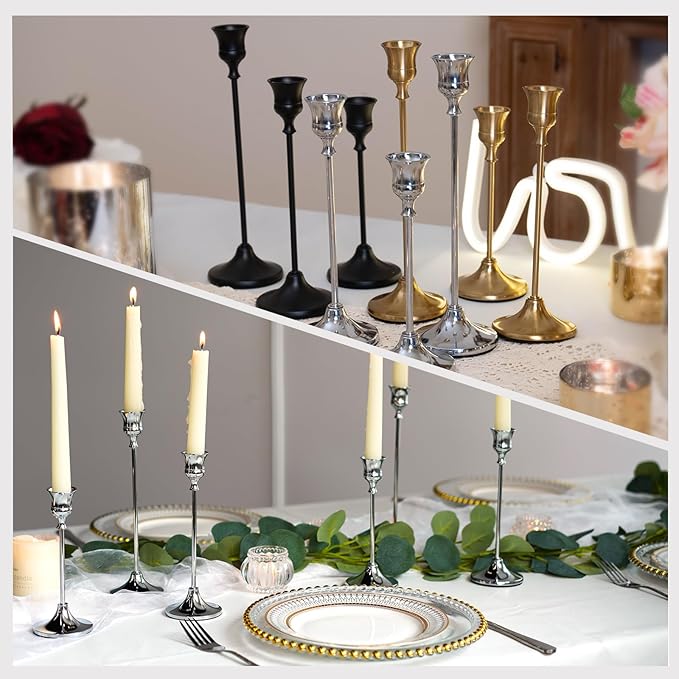 CHILL RECIPE Silver Taper Candle Stick Holders Tall Candle Holder, Vintage Candlesticks Holder Bulk for Home Decor Table Centerpiece Dining Party Festival Decorations (2 Set 6Pcs)