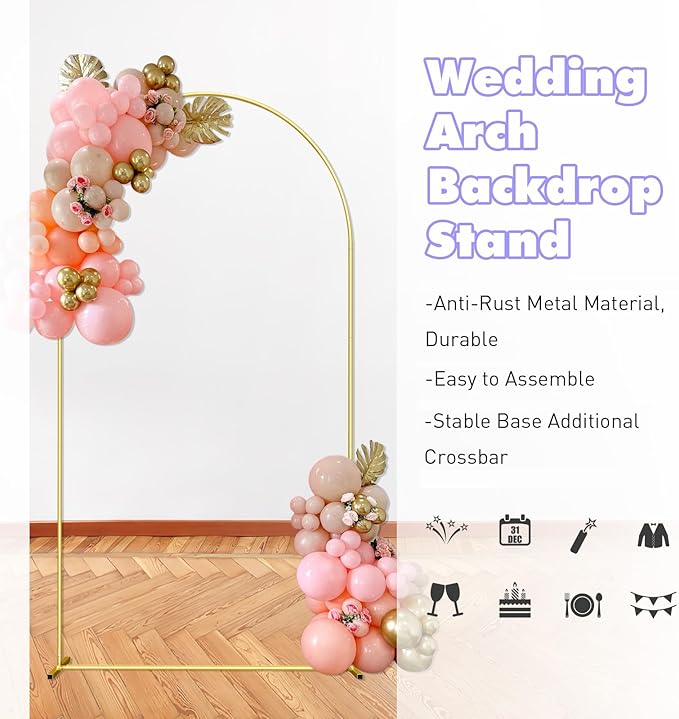 6.6FT Wedding Arch Backdrop Stand and Beige Arch Cover, Beige Spandex Fitted Backdrop Cover and Gold Wedding Arch Frame for Birthday Party Wedding Ceremony Bridal Baby Shower, Parties Decoration.