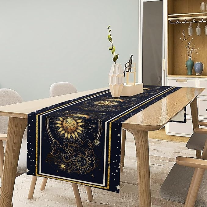 Sun Moon Table Runner, Seasonal Golden Sun Moon Holiday Kitchen Dining Table Runner for Kitchen Living Room Home Party Decor 13x36 Inch