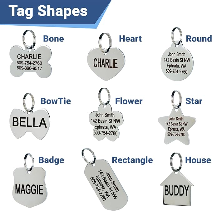 GoTags Stainless Steel Pet ID Tags, Personalized Dog Tags and Cat Tags, up to 8 Lines of Custom Text, Engraved on Both Sides, in Bone, Round, Heart, BowTie and More (Ranger Badge, Regular (Pack of 1))