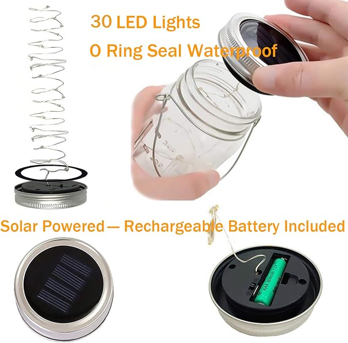 Solar Mason Jar Lights,4 Pack 30 Led Starry Fairy String Hanging Jar Lights,Solar Lanterns for Outdoor Patio Party Garden Wedding Halloween Christmas Projector Decor Light(Mason Jars/Handles Included)