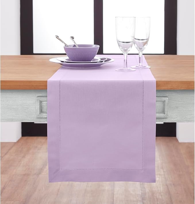 Solino Home Cotton Linen Table Runner 60 Inches - Lavender Ice Hemstitch Table Runner 14 x 60 Inch Ideal for Dresser and Coffee Tables