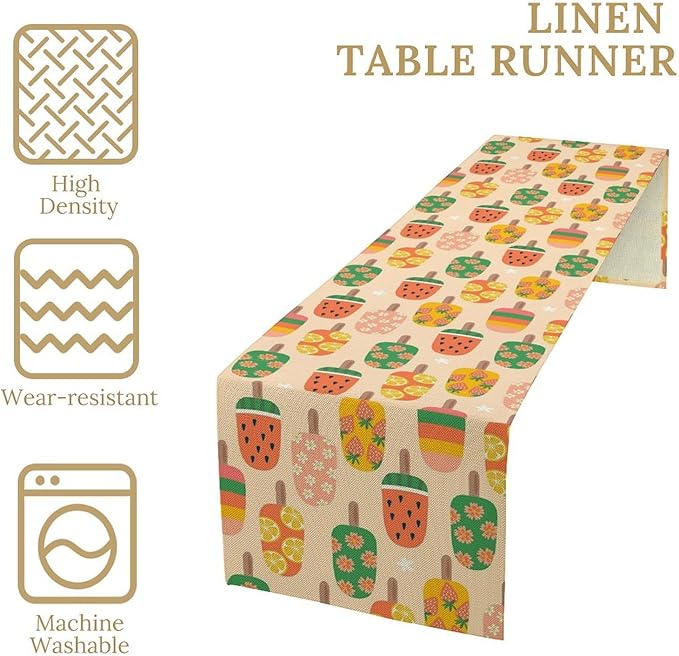 Summer Popsicles Table Runner, Colorful Cute Ice Cream Childish Seasonal Dinner Runner for Party Holiday Home Kitchen Dining Table Decor 13"x90"