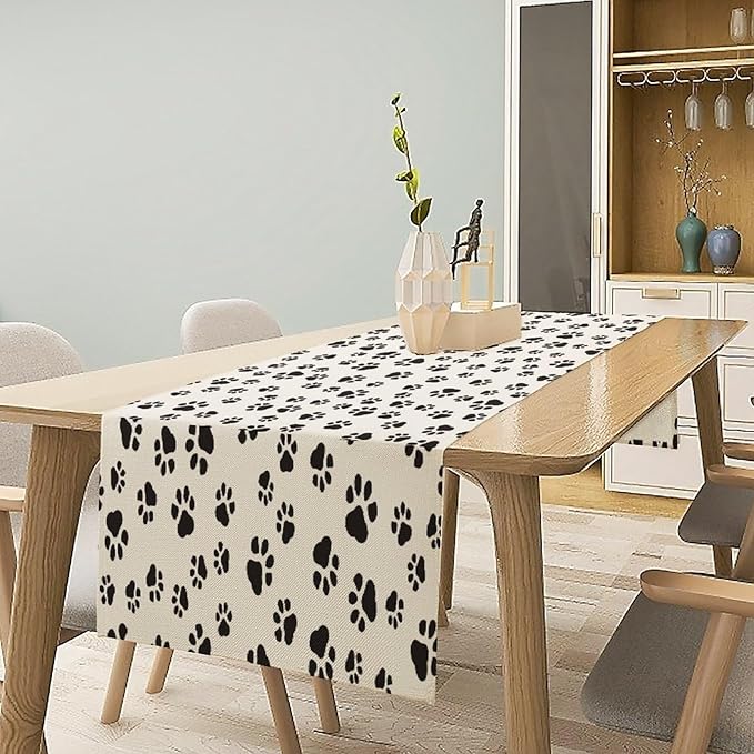 Dog Paws Table Runner,Cartoon Cute Black White Animal Footprints Abstract Tablecloth Burlap for Hotel Indoors Outdoor Dining Room Kitchen Home Decor,W13X L70 in