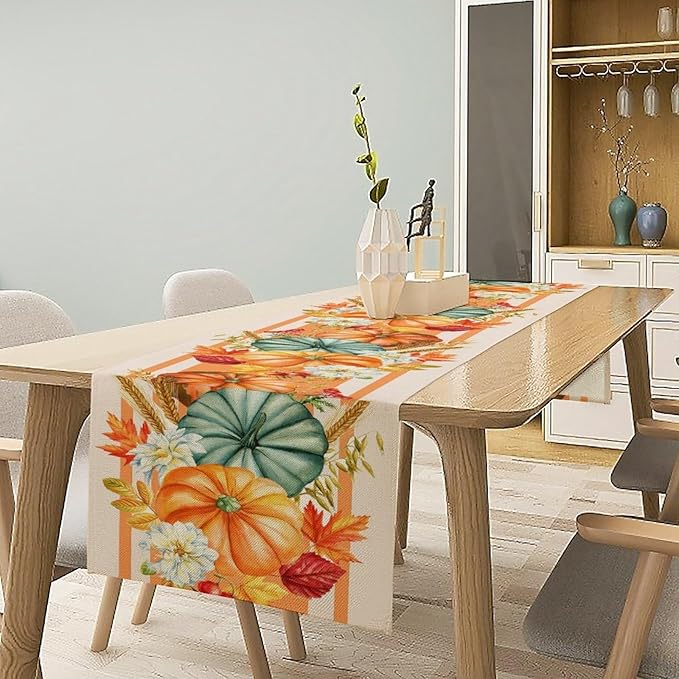 Autumn Table Runner,Orange Pumpkin Flowers Leaves Fall Table Runners Seasonal Kitchen Dining Table Decor for Thanksgiving Harvest Home Holiday Party 13x60 Inch