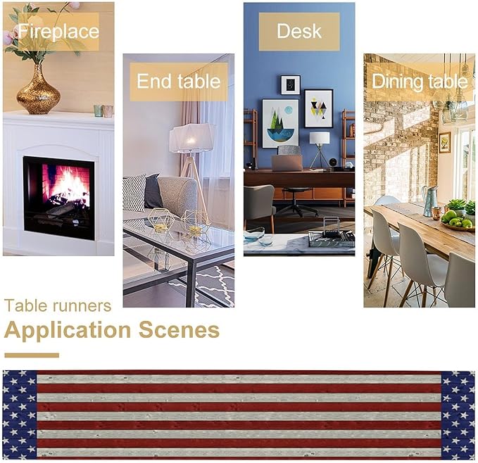 American Flag Table Runner, 4th of July USA Rustic Vintage Wooden Blue Red Stars Stripes Print Table Runner for Farmhouse Kitchen Dining Table Decor, 13x70inch