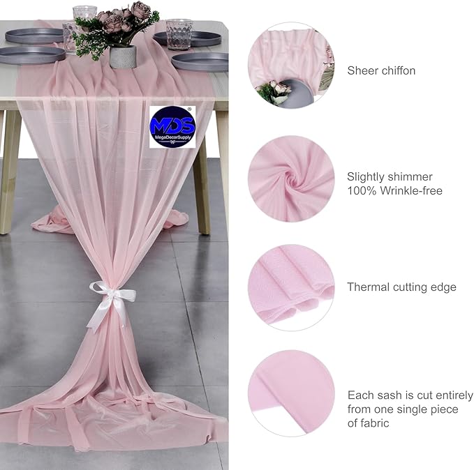 MDS 10 Pack 10ft Chiffon Table Runner 29 x 120 Inches Sheer Wedding Runner Romantic Rustic Table Runner for Wedding Decorations, Birthday Parties, Bridal Shower Party Arch Decor - Blush Pink