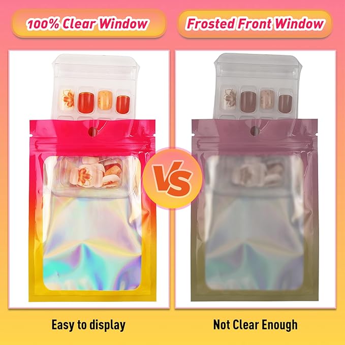 Funfery 100 Pack Gradient Holographic Bags,Mylar Resealable Bags with Zipper,Clear Window Packaging Pouchs,Smell Proof Bag for Food Storage,Sample Jewelry Bag(3.5x4.7In,Hot Pink Orange)