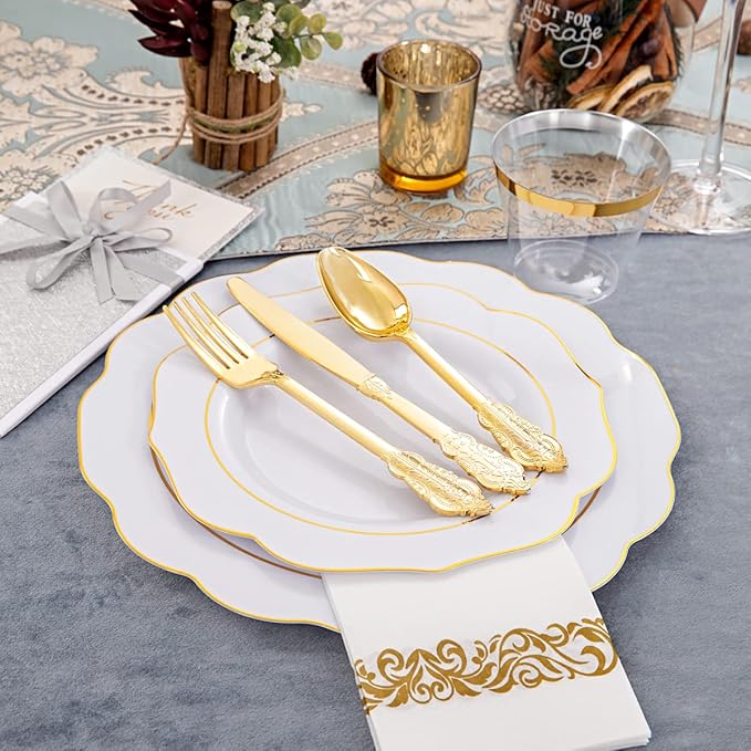 NOCCUR 175PCS Gold Plastic Plates with Disposable Silverware - White Gold Plastic Tableware Include 25 Dinner /25 Dessert Plates, 75 Cutlery, 25 Cups, 25 Napkins - Ideal for Fall Party&Thanksgiving