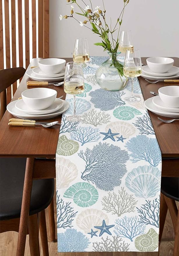 Coastal Coral Cotton Linen Table Runner for Dining Kitchen, Wedding Outdoor Party Tablerunners Decoration, Blue Nautical Starfish Ocean Shell Beach Dresser Scarf Coffee Tablecloth Runners 13x90 Inches