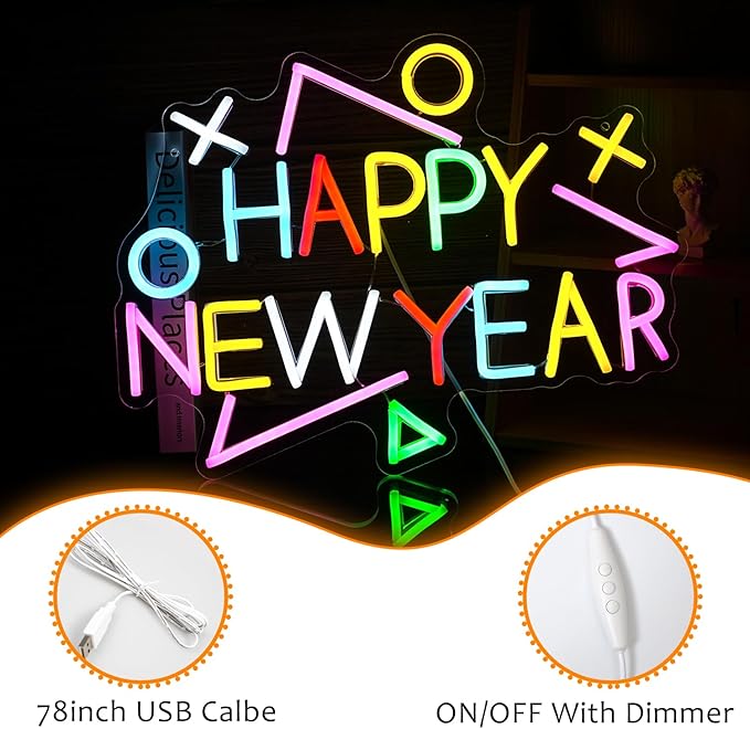 Happy New Year Neon Sign Exquisite And Beautiful New Year LED Light Up Sign for Decor Dimmable USB Powered New Year Neon Light Sign for New Year Celebrate Party Home Room Business Wall Decor (16.5*12.6 In Multicolored)