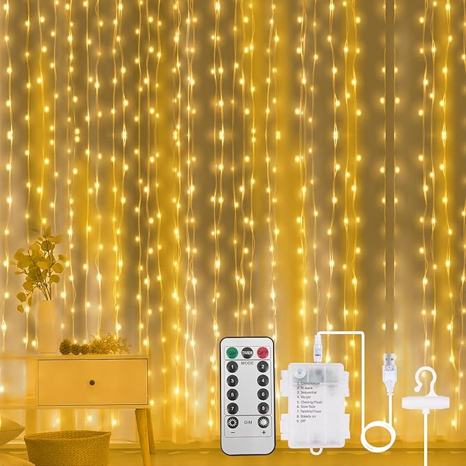 AOMIG Fairy Curtain Lights,300 LED Warm White Window Curtain String Light,8 Modes 9.8×9.8Ft Waterproof Curtain String Light USB&Battery Powered with Remote Contro,String Lights for Indoor,Outdoor