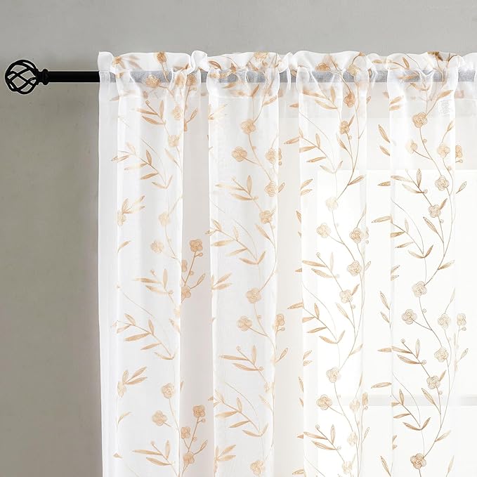 Sheer Curtains White-Beige 95 Inches, Embroidery Floral Pattern Window Treatments Rod Pocket Drapes for Living room, Bedroom, Semi Voile Curtain Panels for Patio, Villa, Parlor, Set of 2, 52"x 95".
