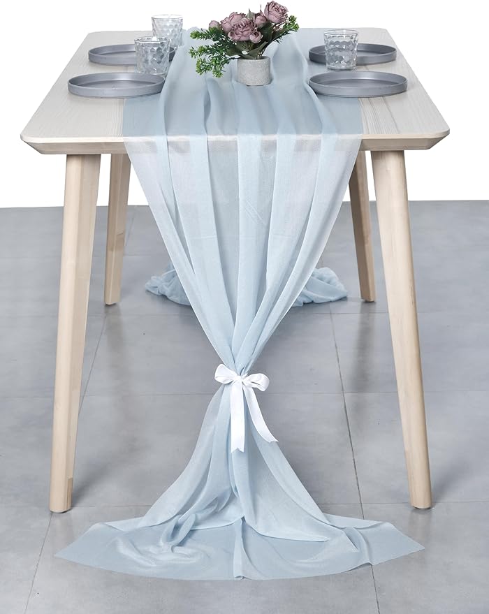 MDS 25 Pack 10ft Chiffon Table Runner 29 x 120 Inches Sheer Wedding Runner Romantic Rustic Table Runner for Wedding Decorations, Birthday Parties, Bridal Shower Party Arch Decor - Baby Blue