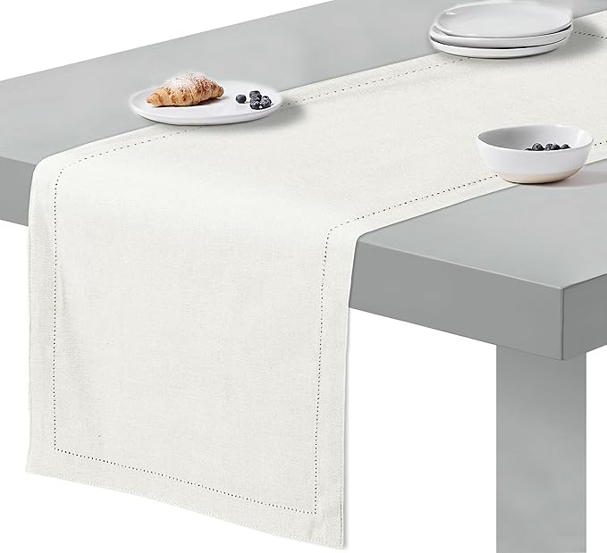 Ruvanti Linen Table Runner 60 Inches, Classic Hemstitch, Washable, Reusable, Non-Slipping, Stain Resistant- Perfect for Parties, Weddings, Dinners, Thanksgiving, Christmas, Indoor use – Ivory